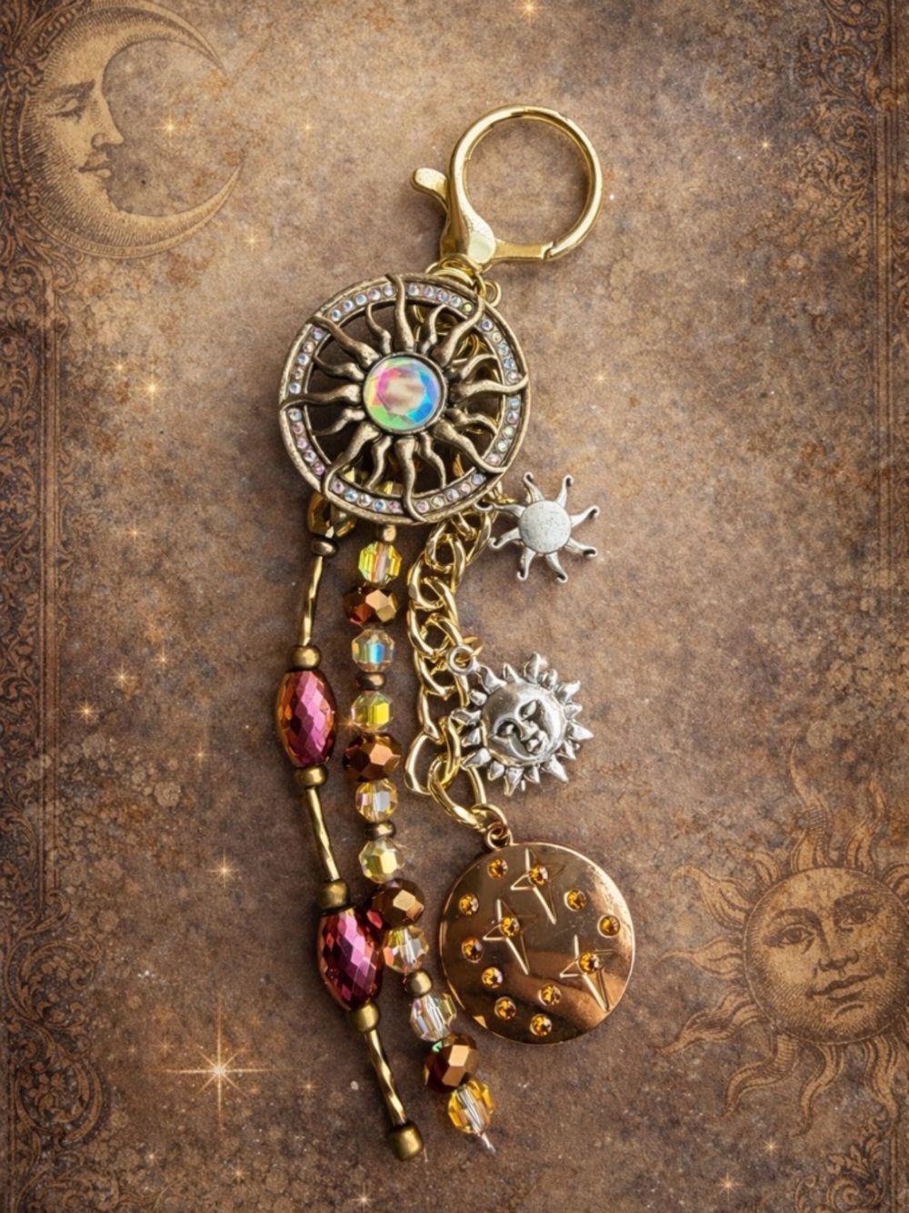Sunburst Bag Charm Keychain with Iridescent Gem and Beaded Tassels